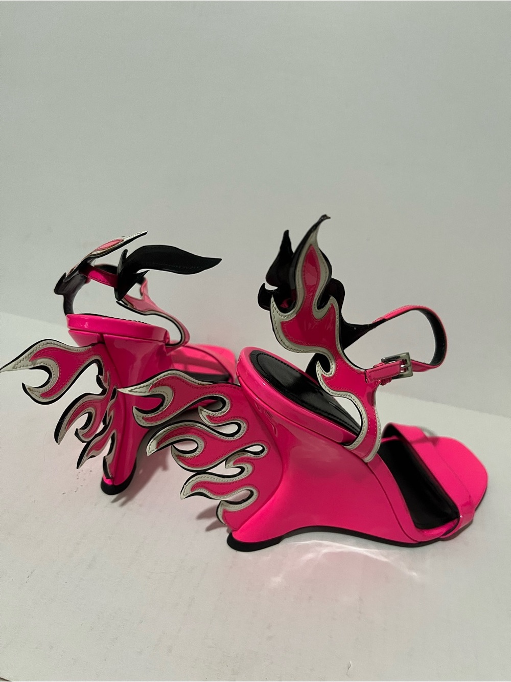 Prada Neon Pink Flame Wedge Sandals with Black & Silver Accents - Picture 5 of 10